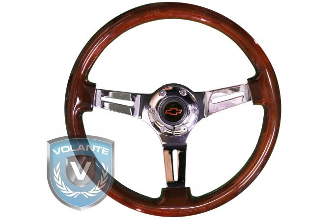 Red Bowtie Volante S6 Sport Steering Wheel Kit, with Slotted Chrome Spokes & Mahogany Grip