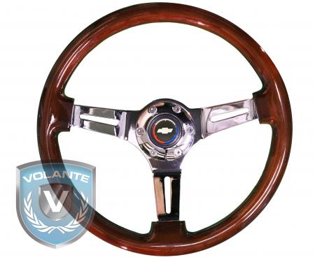 Chevy Tri Color Volante S6 Sport Steering Wheel Kit, with Slotted Chrome Spokes & Mahogany Grip