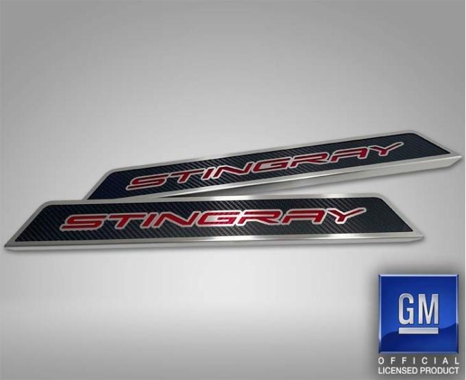 American Car Craft 2020-2024 C8 Corvette - Replacement Door Sills Carbon Fiber with Brushed Stainless Steel 'Stingray' Style Insert Carbon Fiber, Choose Vinyl Inlay Color 881009
