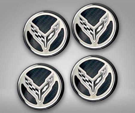 American Car Craft 2020-2024 C8 Corvette Coupe - Cap Cover Set 4pc Carbon Fiber Inserts with Stainless Crossed Flags Logo, Polished/Brushed Finish 883049