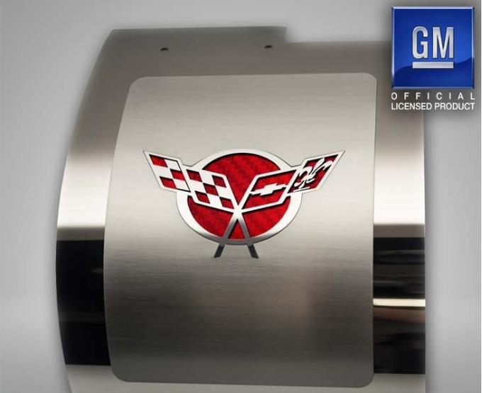 American Car Craft 1997-2004 C5 Corvette - Deluxe Alternator Cover with Crossed Flags Carbon Fiber Vinyl Inlay, Polished and Brushed Finish 033084