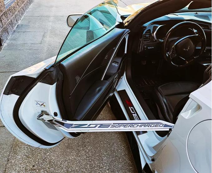 American Car Craft Corvette C7 Door Prop Stainless with  Real Carbon Fiber insert 'ZO6 Supercharged' - Passenger Side Only 051040