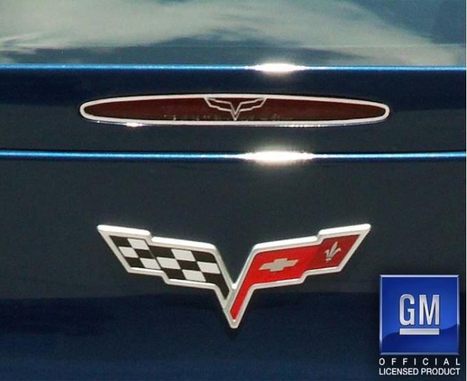 American Car Craft 2005-2013 C6 Corvette - 5th Brake Light Trim Crossed Flags Style, Polished Stainless Steel 042115