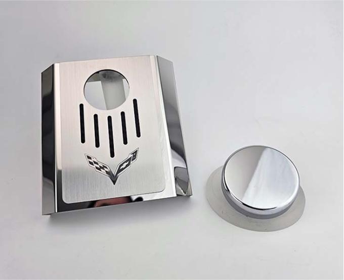 American Car Craft 2014-2019 C7 Corvette Master Cylinder Cover Automatic Polished Stainless with Brushed Ribbed Top Plate Corvette Flag Style, Choose Color 053123