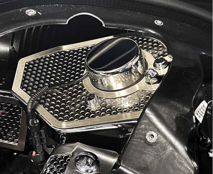American Car Craft HTC C8 Corvette Shock Tower Covers with Brushed Trim, Perforated Stainless Steel 883211