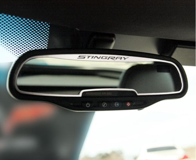 American Car Craft 2014-2019 C7 Corvette - Rear View Mirror Trim with Etched STINGRAY [AutoDim], Brushed Stainless Steel 051008