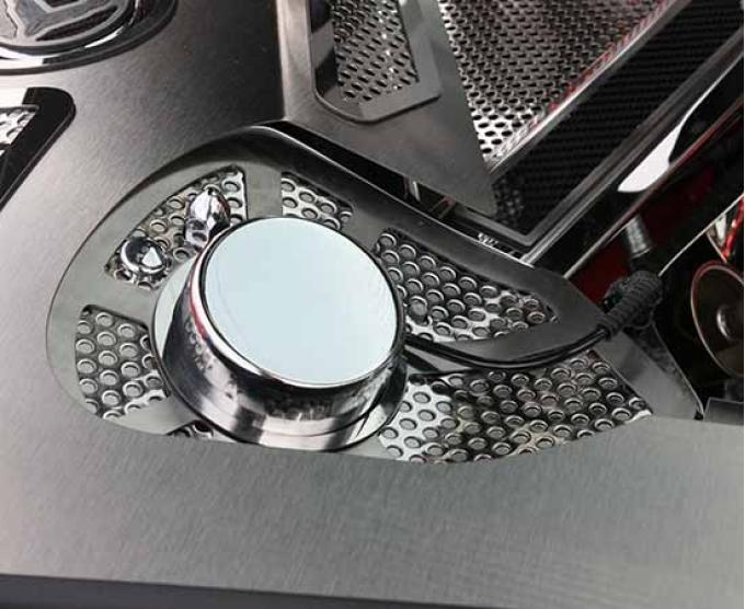 American Car Craft 2020-2022 C8 Corvette Coupe - Perforated Shock Tower Cover Inserts with Chrome Cap 2Pc, Polished/Brushed Finish 883030