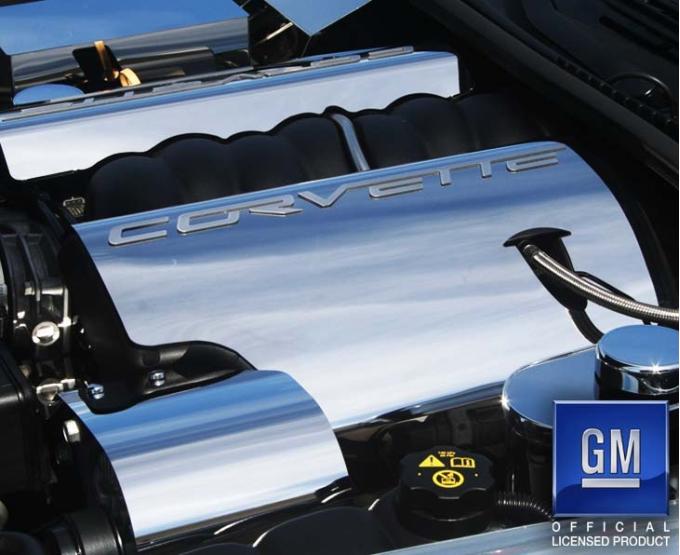 American Car Craft 2008-2013 C6/GS Corvette - Fuel Rail Covers with CORVETTE script, Polished Stainless Steel, Dry Sump Opt. 043115-DS | For Vehicles Equipped with Dry Sump