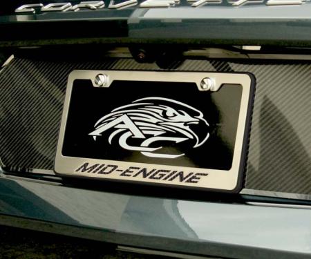 American Car Craft 2020-2024 C8 Corvette - License Plate Frame MID-ENGINE Black Base, Brushed Stainless, Choose Color Inlay 882010