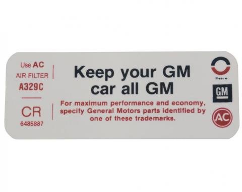 Corvette Air Cleaner Decal, "Keep Your GM Car All GM", 1972