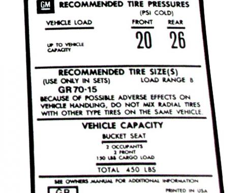 Corvette Decal, Tire Pressure 75L, 1975-1977