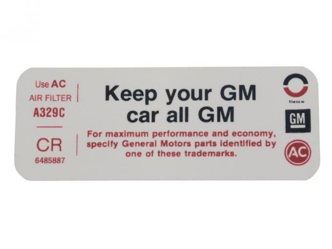 Corvette Air Cleaner Decal, "Keep Your GM Car All GM", 1972