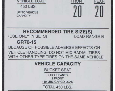 Corvette Decal, Tire Pressure on Door, 1973-1975