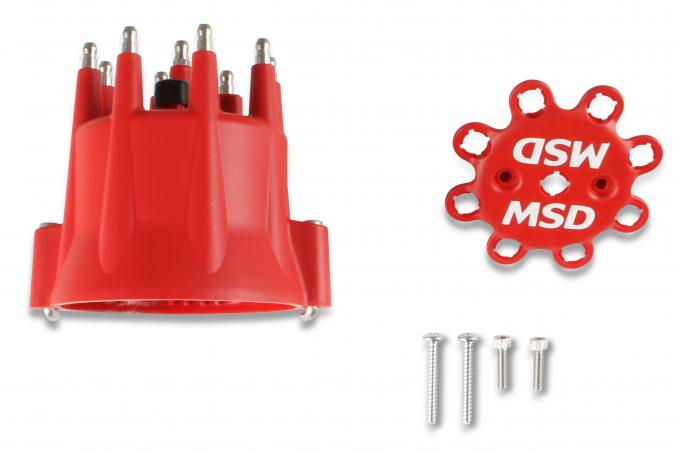 MSD Distributor Cap, V8, HEI Terminals, Red, Spark Plug Wire Retainer 8433