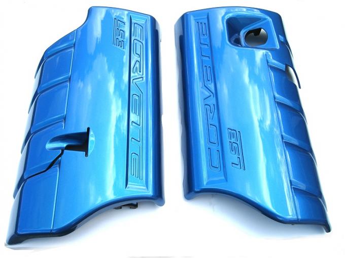 C6 Corvette Painted Fuel Rail Covers Glass Like, 2005-2013 | LS3 Jet Stream Blue with Chrome Lettering
