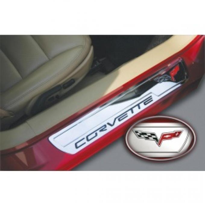 Corvette Billet Aluminum Sill Plates, With C6 Logo & Corvette Word, 2005-2013