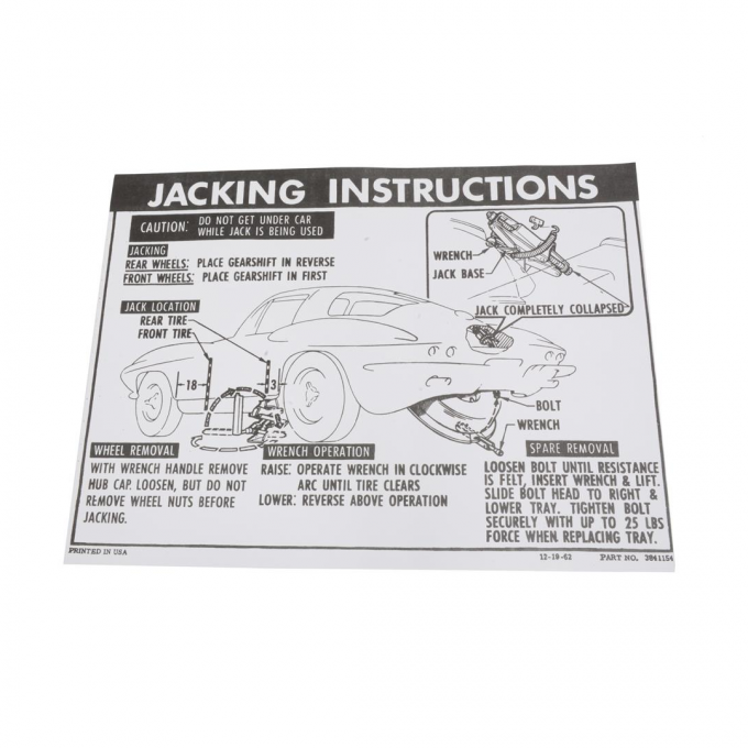 Corvette Decal, Jacking Instructions with 36 Gallon Tank, 1963-1966