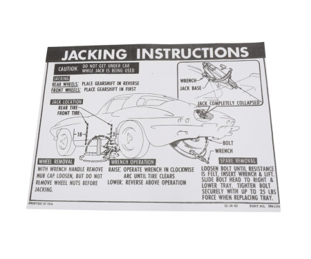 Corvette Decal, Jacking Instructions with 36 Gallon Tank, 1963-1966
