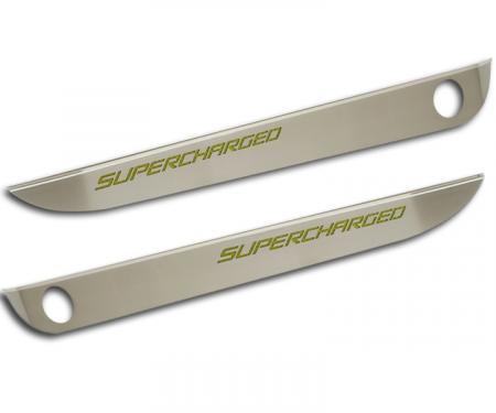 2005-2013 Corvette C6 - Door Guards with SUPERCHARGED Inlay 2Pc - Brushed Stainless, Choose Color 041057