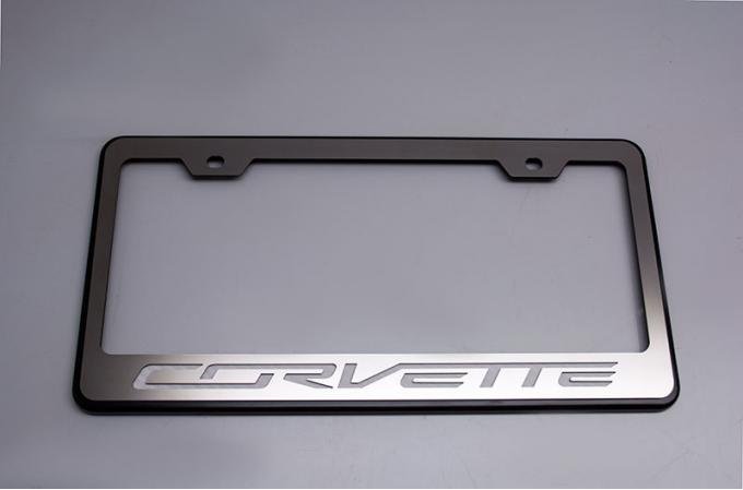 Corvette C7 Stingray License Plate Frame Black and Brushed with "Corvette" Lettering 052083