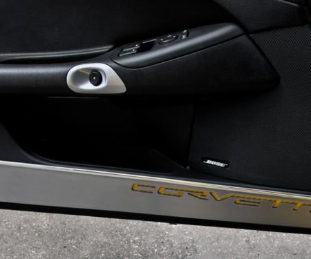 2005-2013 Corvette C6 - Door Guards w/CORVETTE Inlay 2Pc - Brushed Stainless, Choose Color 041048