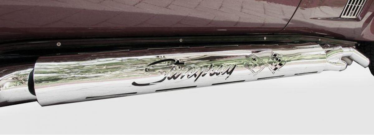 Corvette Exhaust Shields, 4 Tube Side, Stainless Steel, With  Stingray/Crossed-Flags Logos, 1963-1982 | Motor City Vettes