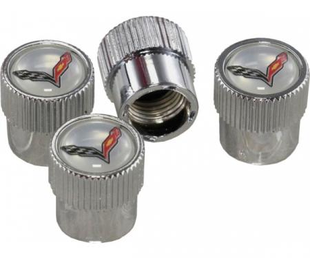 Corvette Valve Stem Caps With Crossed Flags Logo, Silver, 2014-2019