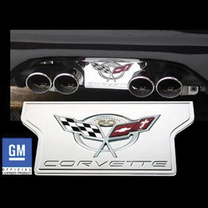 Corvette Exhaust Filler Plate, Chrome Plated Billet Aluminum With 50th Anniversary Logo, 2003