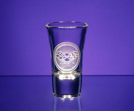 Corvette Shot Glass, Large Flared, 2.25 Ounce, 1953-2013 Corvette Designs | Corvette Shot Glass, Large Flared, 2.25 Ounce, 1991-1996 Pennant With Corvette Lettering