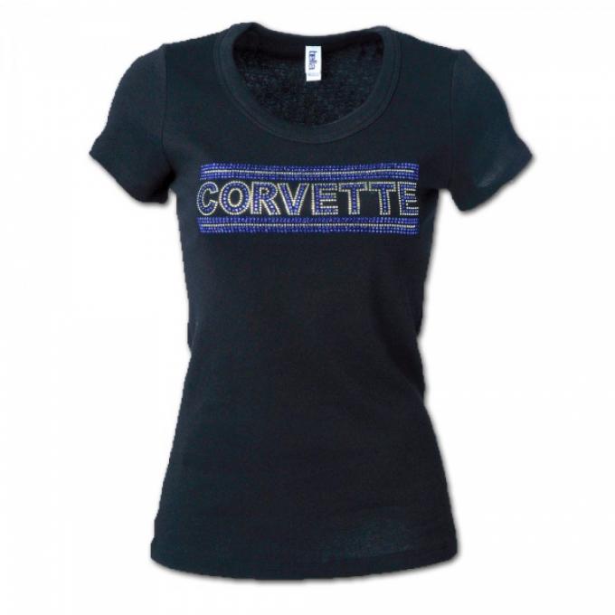 Corvette Rhinestone Ladies Tee Shirt, Black With Blue Rhinestones