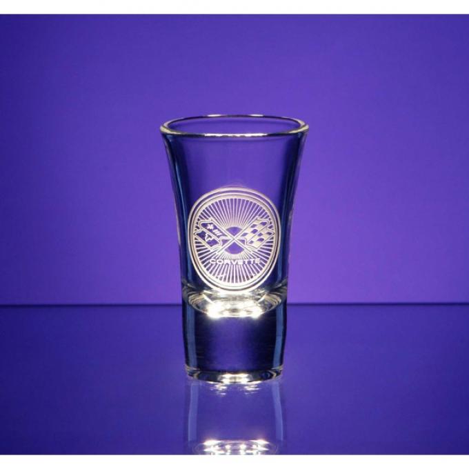 Corvette Shot Glass, Large Flared, 2.25 Ounce, 1953-2013 Corvette Designs | Corvette Shot Glass, Large Flared, 2.25 Ounce, 1991-1996 Pennant With Corvette Lettering