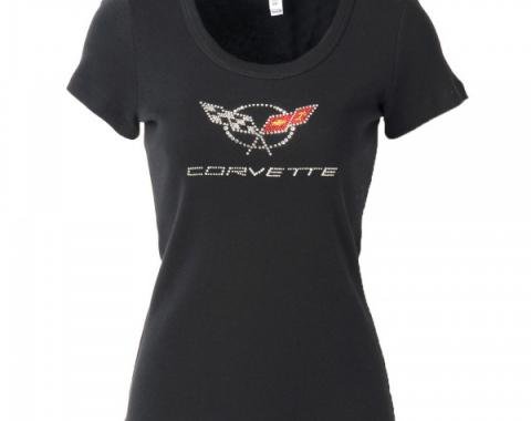 Corvette C5 Corvette Logo Rhinestone Ladies Tee Shirt, Black