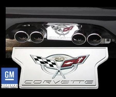 Corvette Exhaust Filler Plate, Chrome Plated Billet Aluminum With 50th Anniversary Logo, 2003