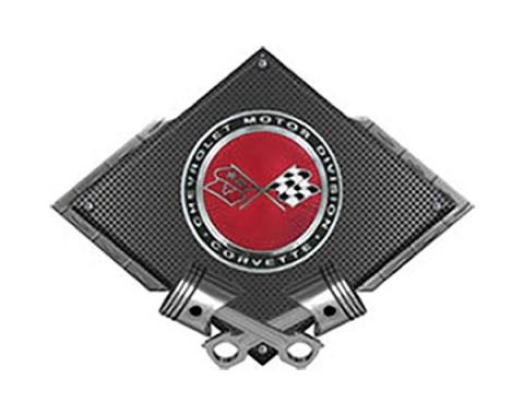 Corvette C3 Crossed Flags Sunburst Emblem Metal Sign, BlackCarbon Fiber, Crossed Pistons, 25" X 19"