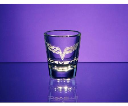 Corvette Shot Glass, Tapered, 1.5 Ounce, 1953-2013 CorvetteDesigns | Corvette Shot Glass, Tapered, 1.5 Ounce, 2005-2013 Crossed Flags With Lettering