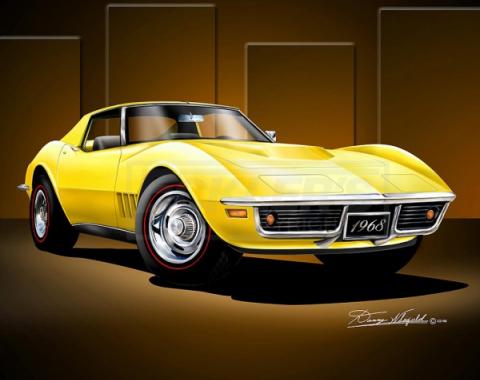 Corvette Fine Art Print By Danny Whitfield, 20x24, StingrayCoupe, Daytona Yellow, 1968