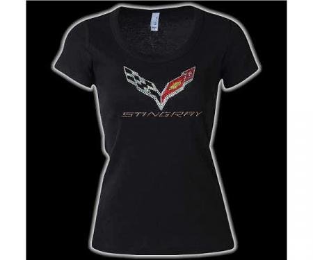 Corvette Ladies Scoop Neck Rhinestone Stingray Flag Logo T-Shirt