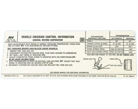 Corvette Emission Control Decal, LS5, 365hp, 1971