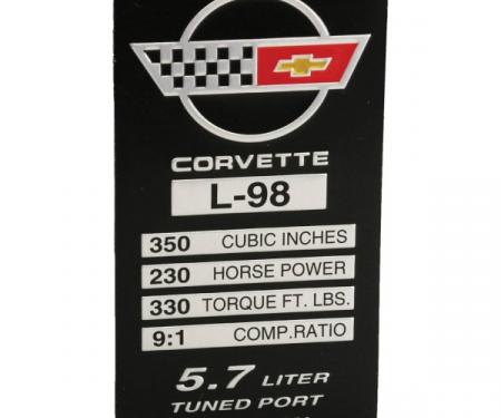 Corvette Console Performance Specifications Plate, L98, 1985