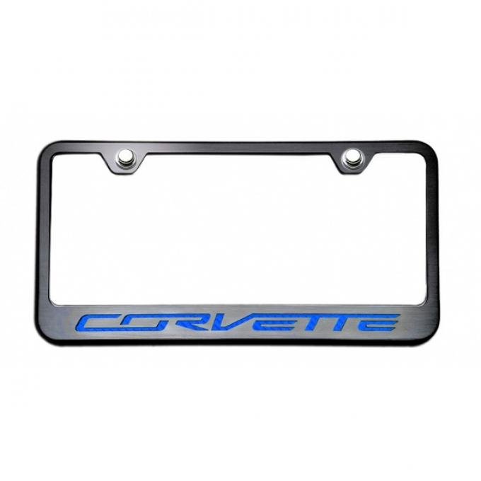 American Car Craft Rear Tag Frame, Black, With Brushed Stainless "Corvette" Lettering, Colored| 052083 Corvette Stingray 2014-2017