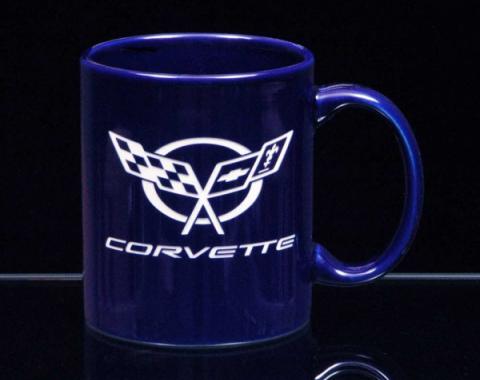 Corvette 11 Ounce Coffee Mug, C-Handle, Cobalt Blue, 1953-2013 | Corvette 11 Ounce Coffee Mug, C-Handle, Cobalt Blue, 2010-2013 Crossed Flags With Grand Sport Lettering