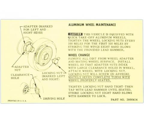 Corvette Knock-Off Wheel Maintenance Card, 1965-1966