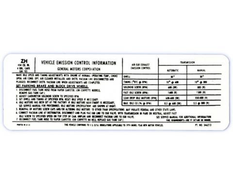 Corvette Emission Control Decal, LS4, 1974