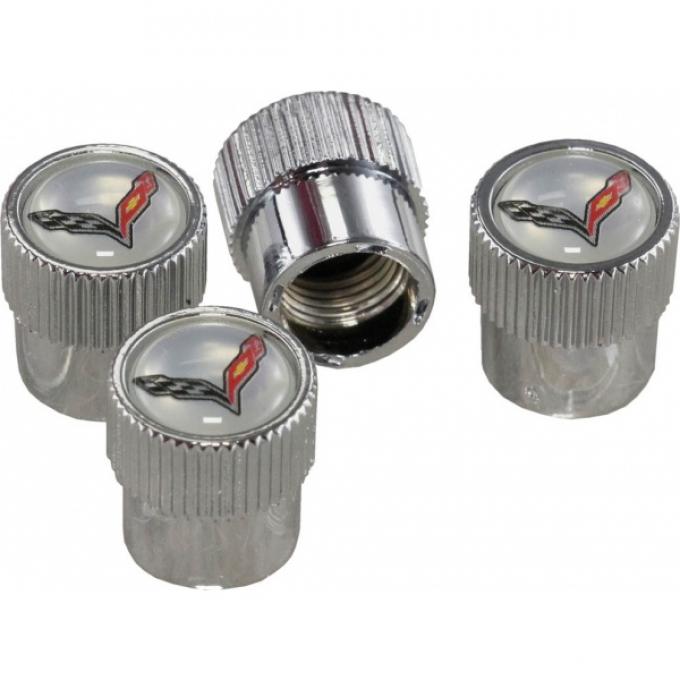 Corvette Valve Stem Caps With Crossed Flags Logo, Silver, 2014-2019