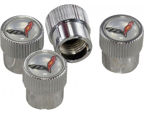 Corvette Valve Stem Caps With Crossed Flags Logo, Silver, 2014-2019