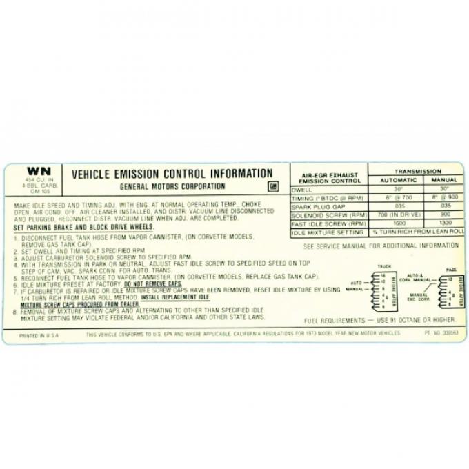 Corvette Emission Control Decal, 454ci, 1973