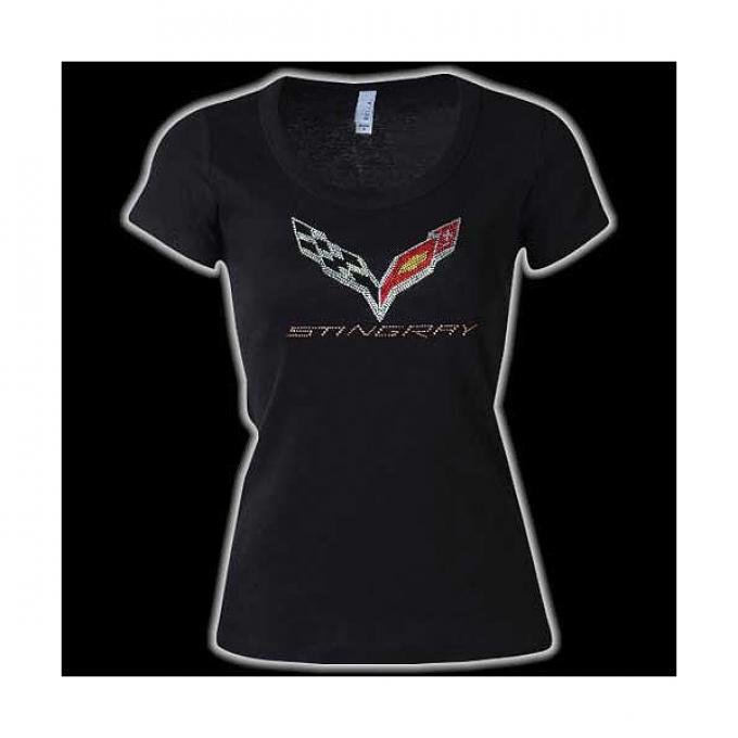 Corvette Ladies Scoop Neck Rhinestone Stingray Flag Logo T-Shirt