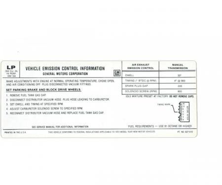 Corvette Emission Control Decal, LT1, 350ci, 1972