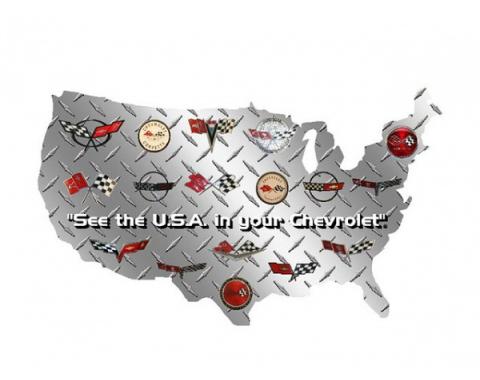 Corvette USA Shaped Sign With Corvette Logos, 12" X 7"