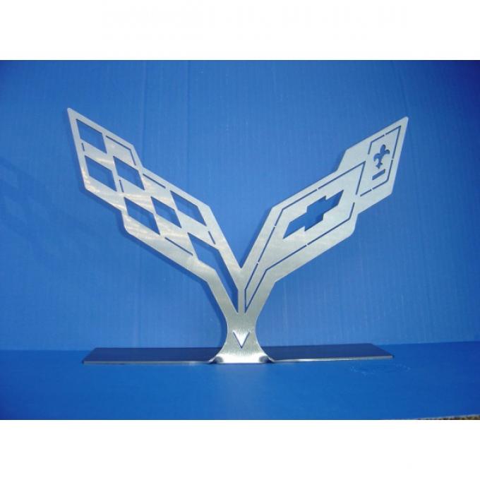 Corvette Stingray Crossed Flags Stainless Steel Sign  With Mounted Stand